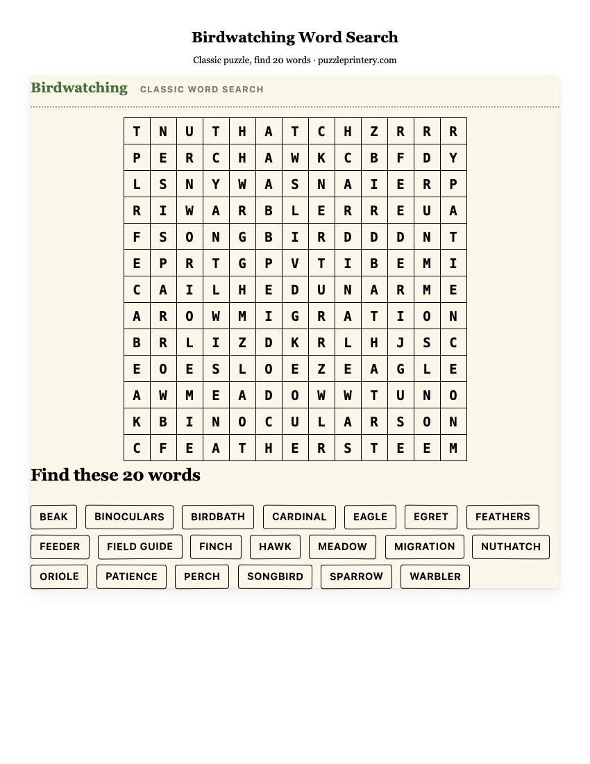 Birdwatching Word Search printable preview