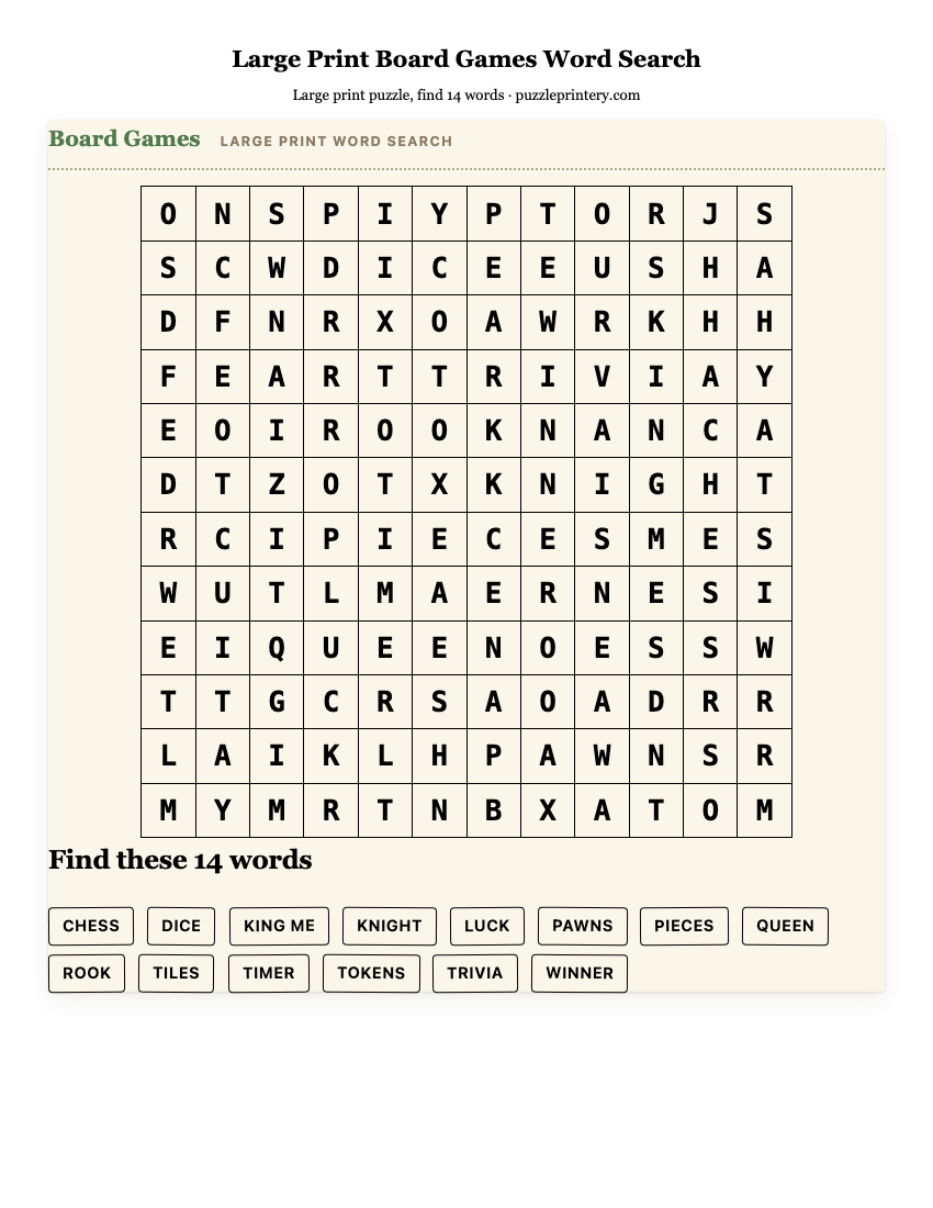 Large Print Board Games Word Search printable preview