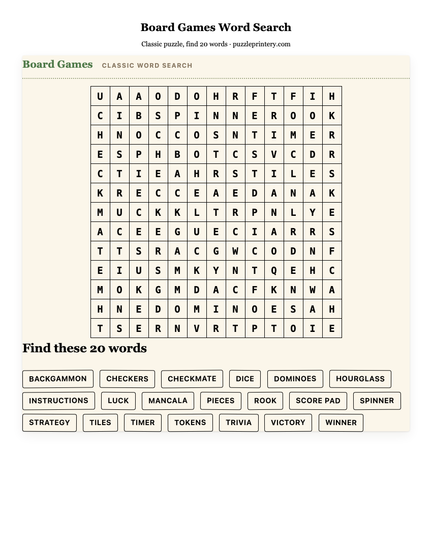 Board Games Word Search printable preview