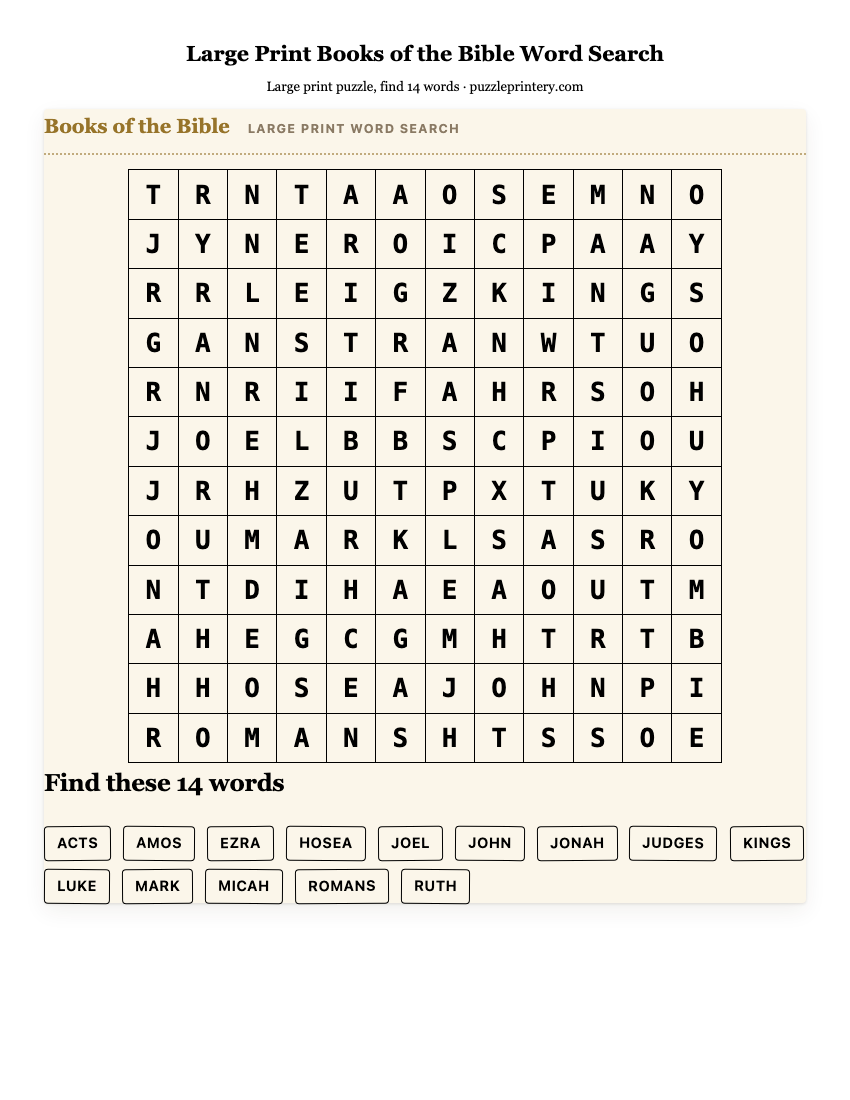 Large Print Books of the Bible Word Search printable preview
