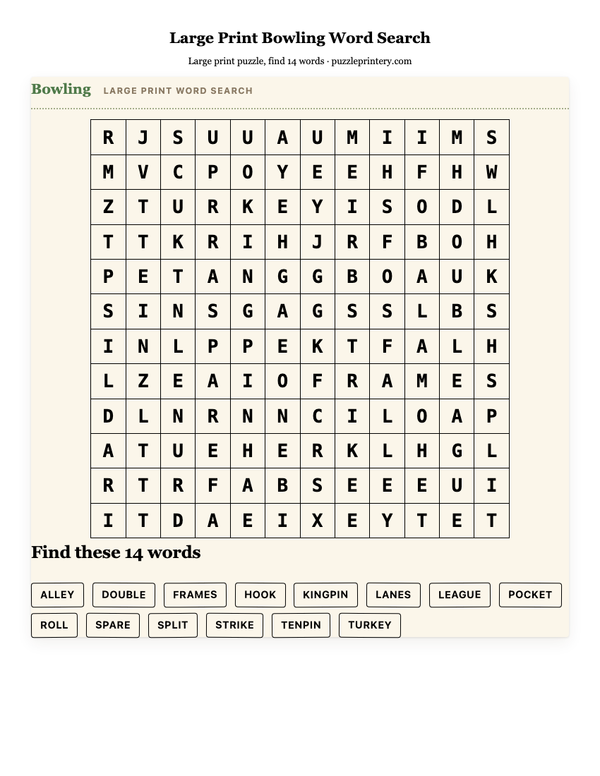 Large Print Bowling Word Search printable preview