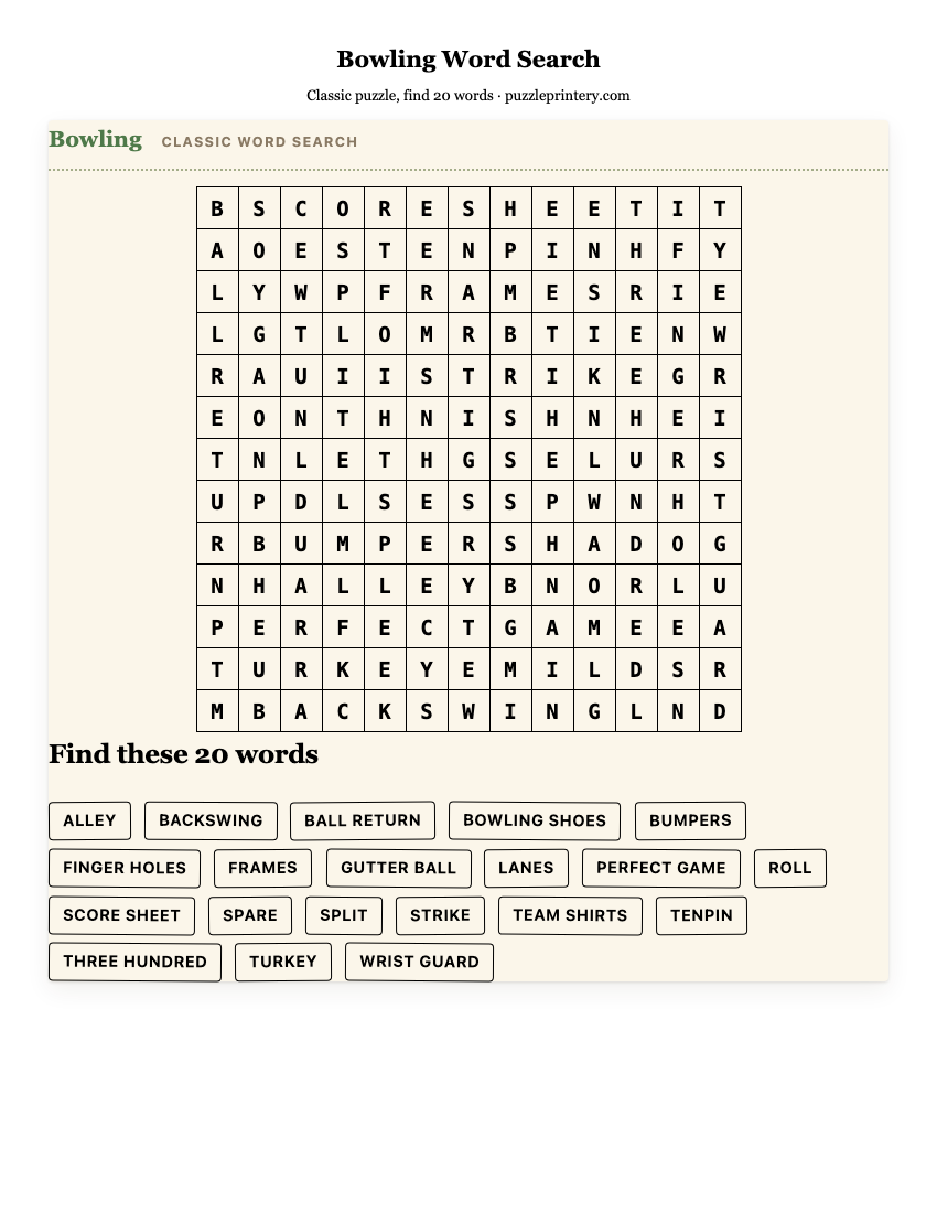 Bowling Word Search printable preview