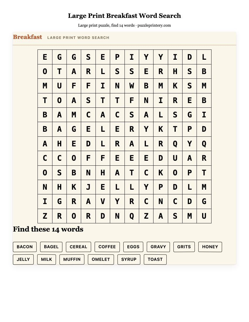 Large Print Breakfast Word Search printable preview