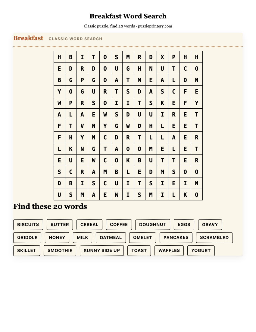 Breakfast Word Search printable preview