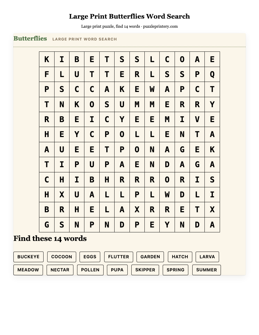 Large Print Butterflies Word Search printable preview