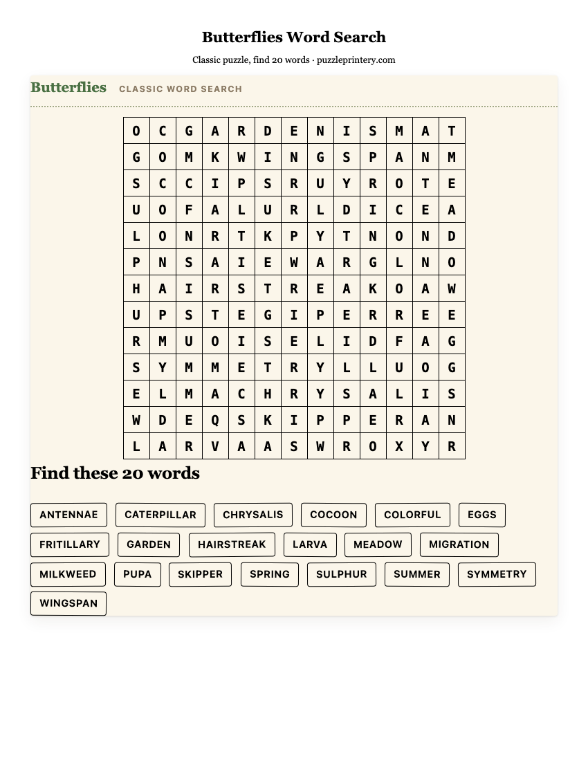 Butterflies Word Search printable preview