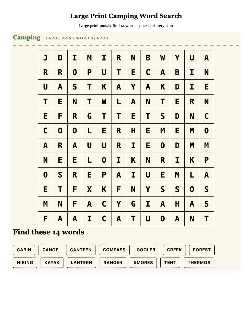 Large Print Camping Word Search printable preview