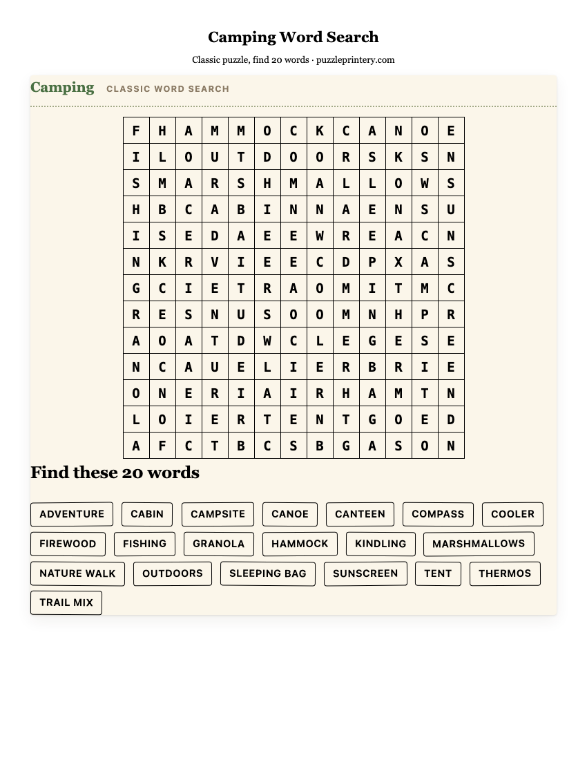 Camping Word Search printable preview
