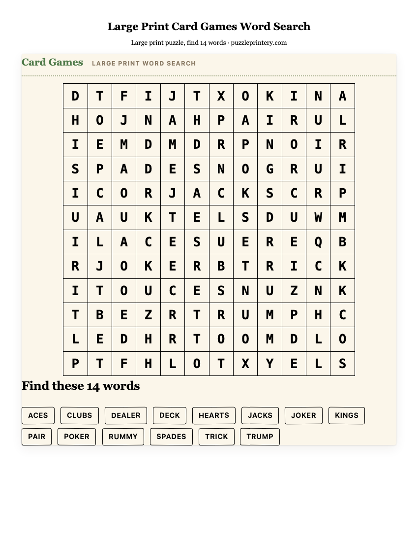 Large Print Card Games Word Search printable preview