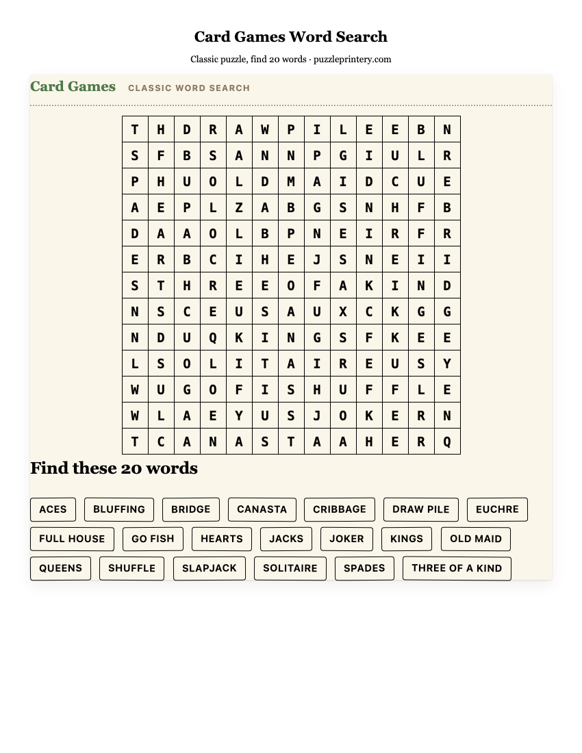 Card Games Word Search printable preview