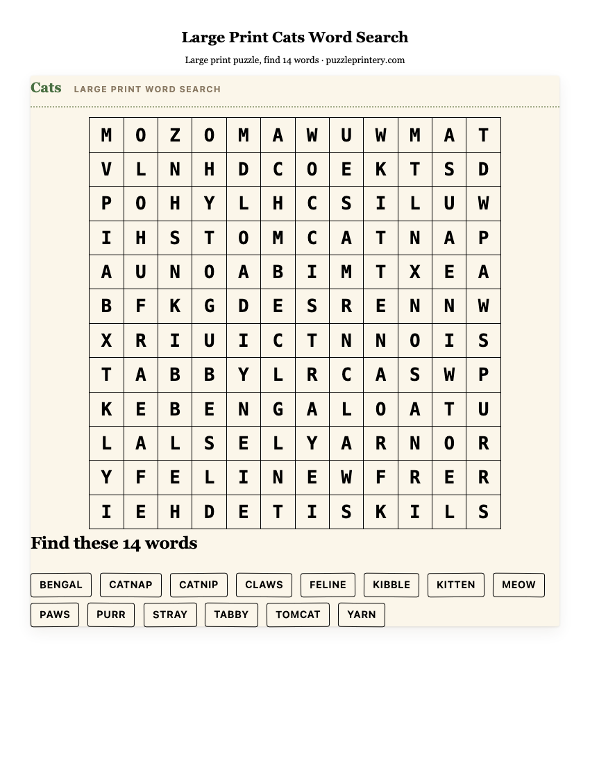 Large Print Cats Word Search printable preview
