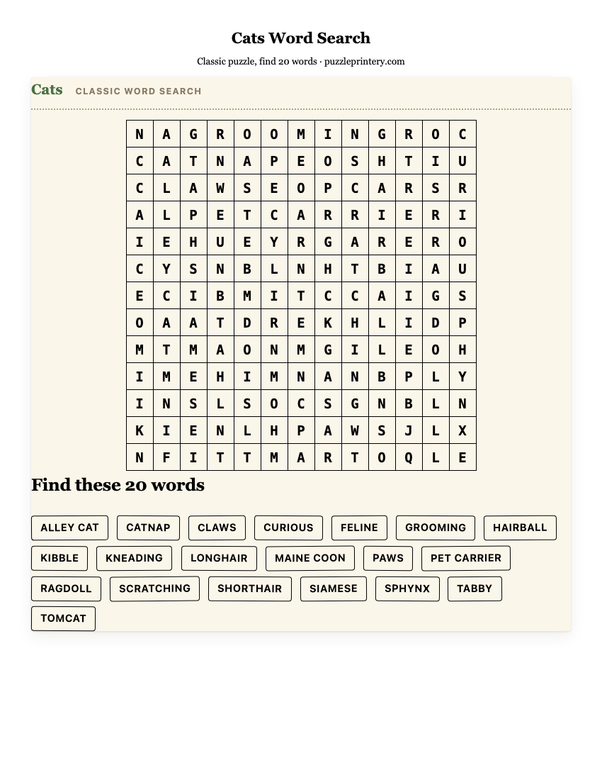 Cats Word Search printable preview