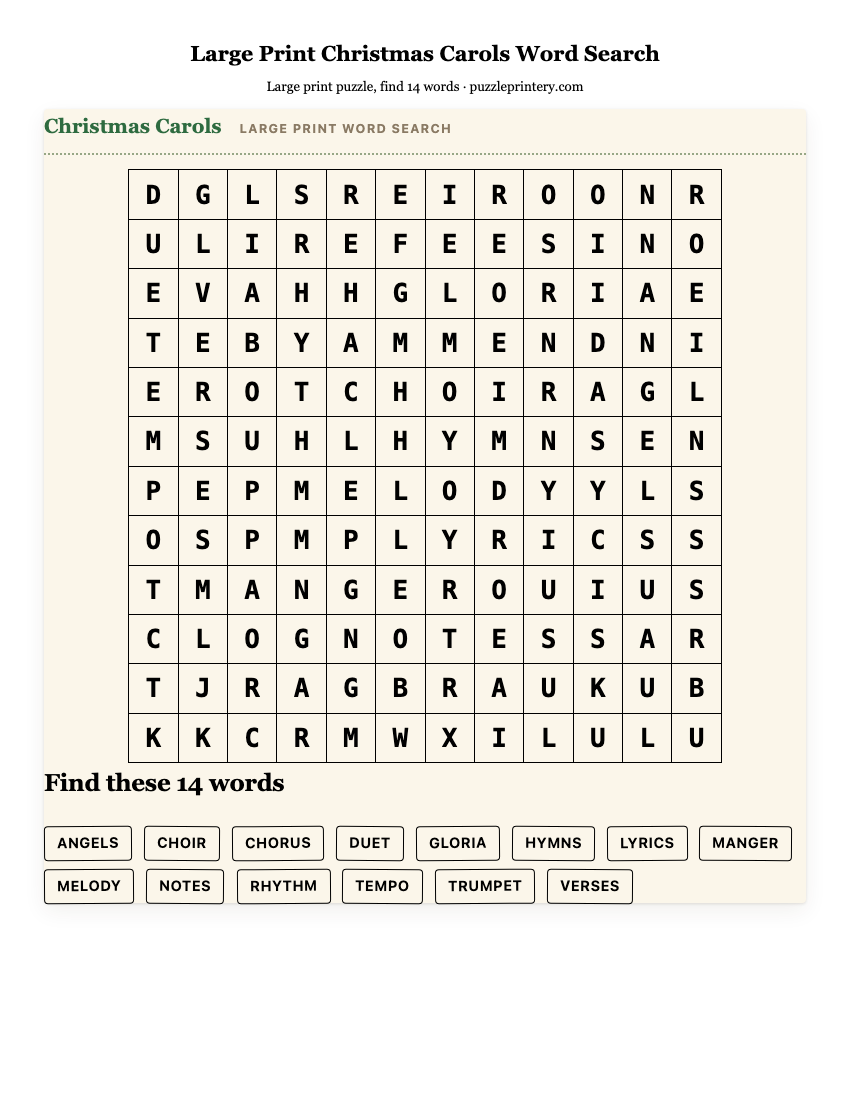 Large Print Christmas Carols Word Search printable preview