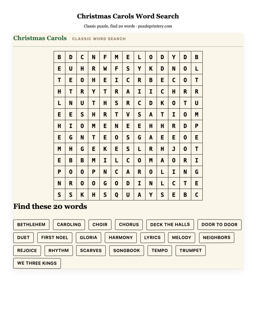 Christmas Carols Word Search printable preview