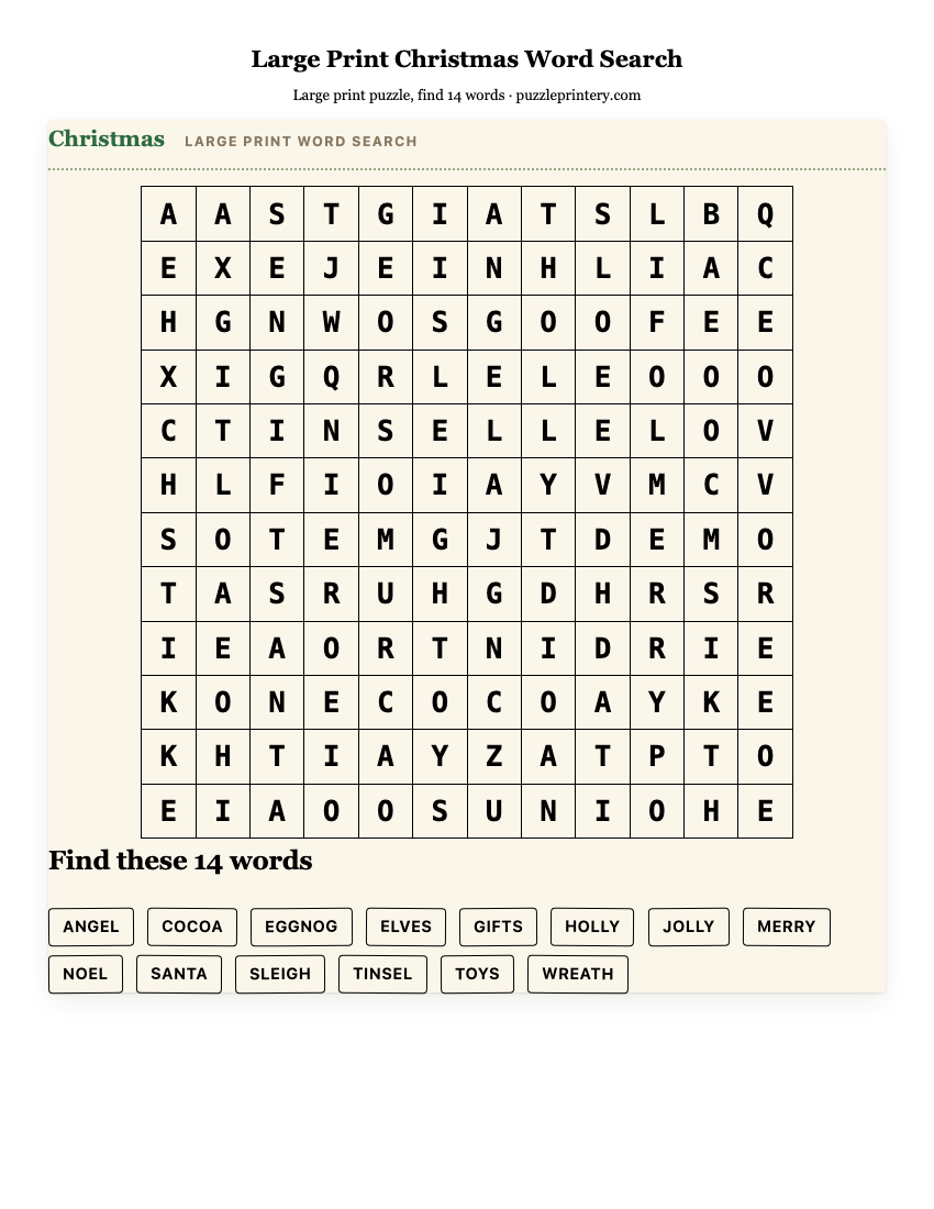 Large Print Christmas Word Search printable preview