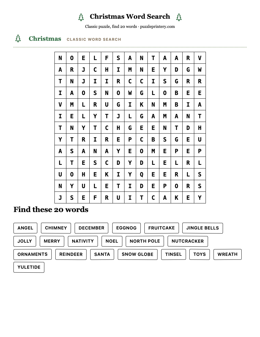 Christmas Word Search printable preview