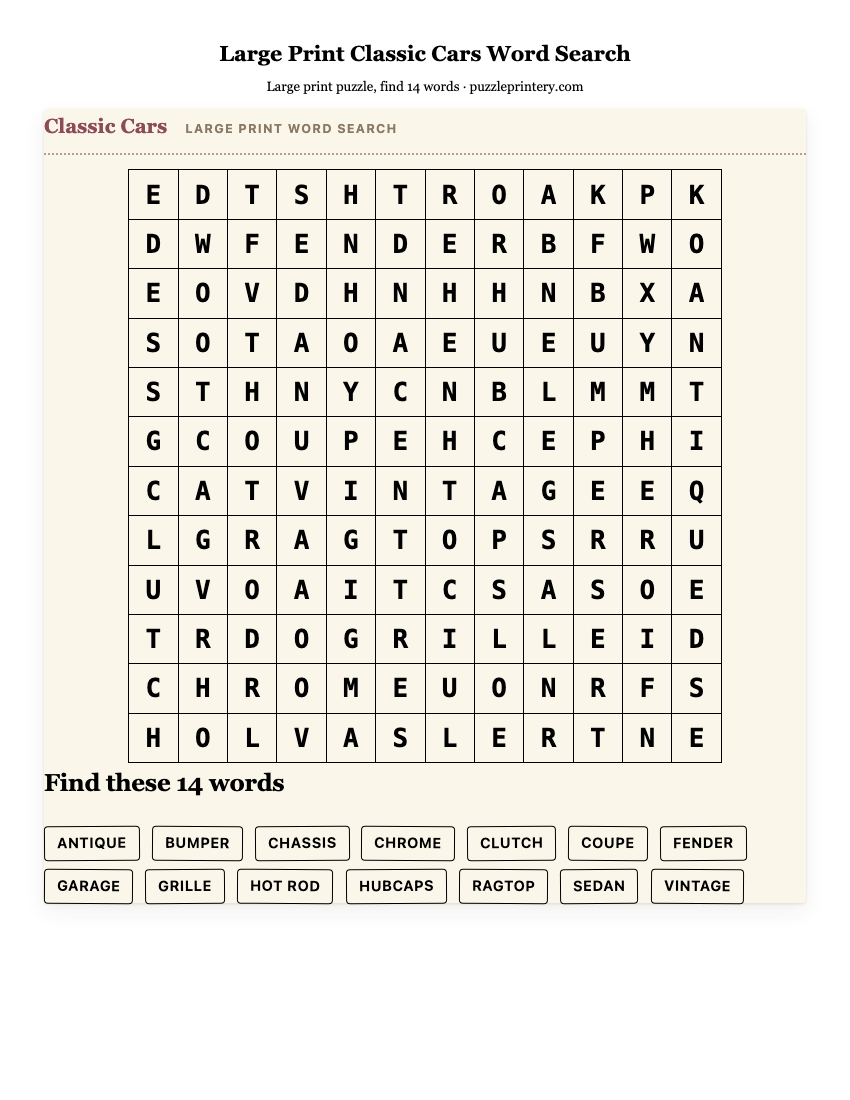 Large Print Classic Cars Word Search printable preview