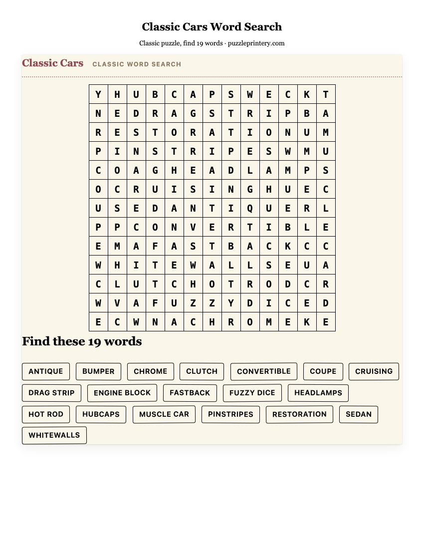 Classic Cars Word Search printable preview