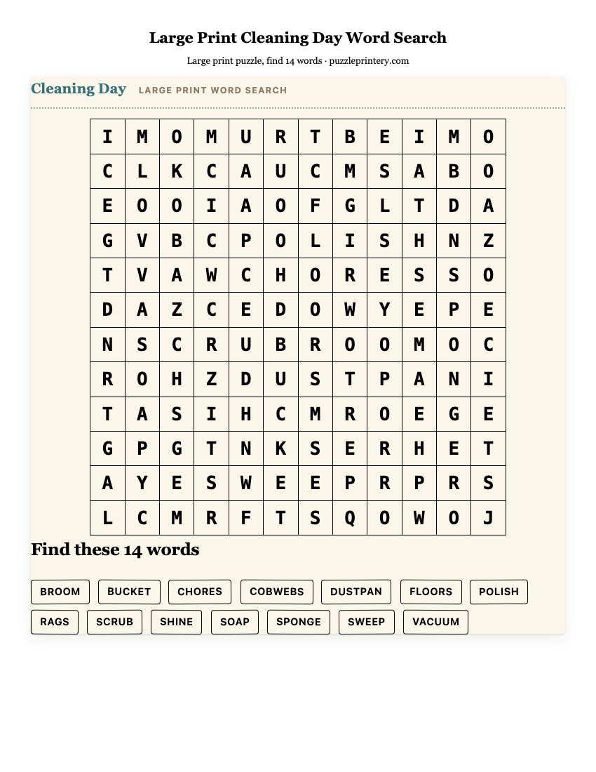 Large Print Cleaning Day Word Search printable preview