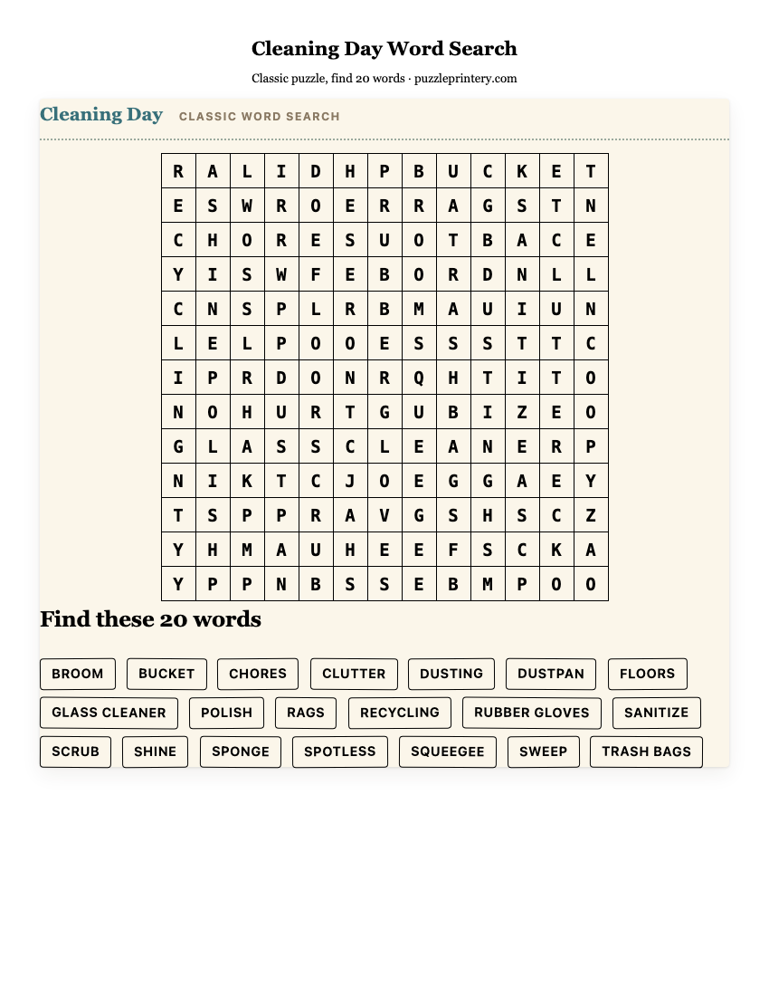 Cleaning Day Word Search printable preview