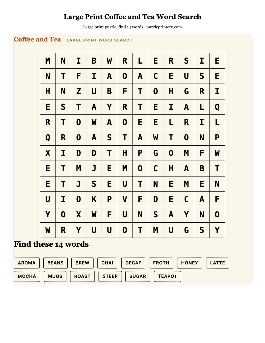 Large Print Coffee and Tea Word Search printable preview