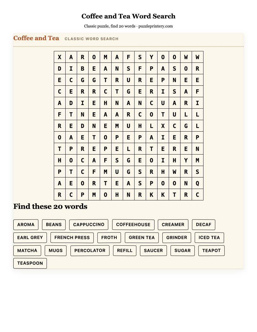 Coffee and Tea Word Search printable preview