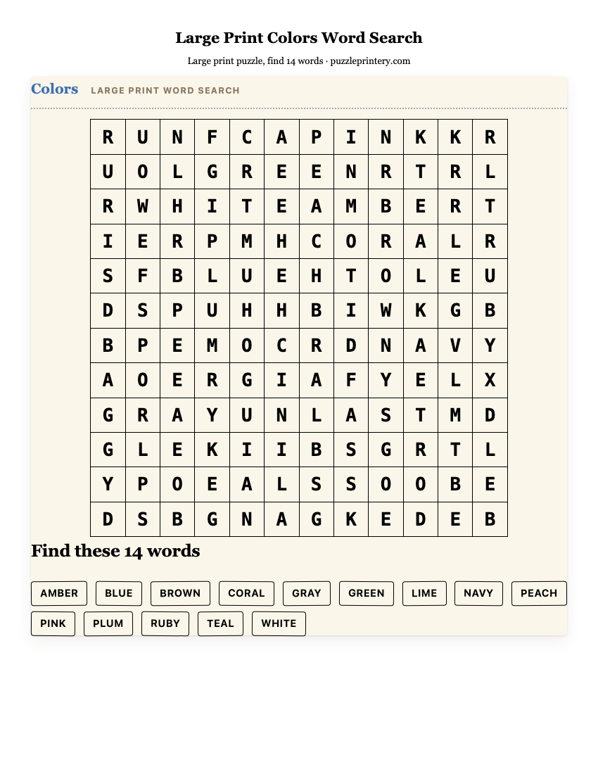 Large Print Colors Word Search printable preview