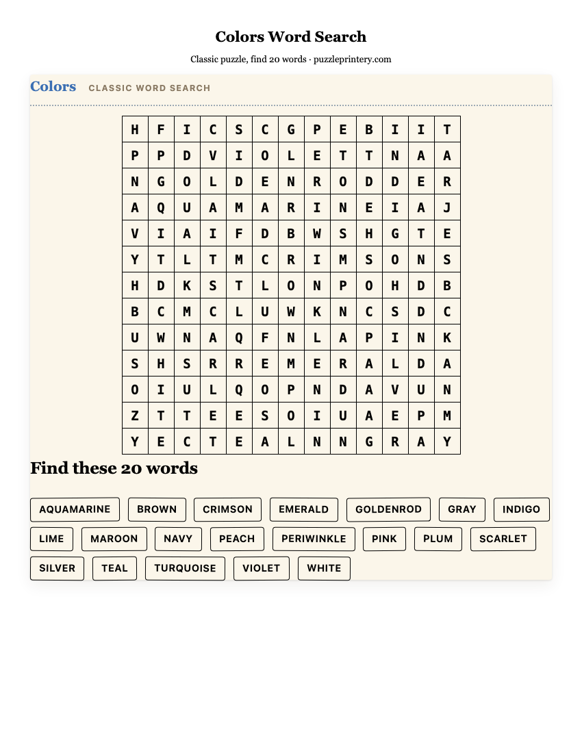 Colors Word Search printable preview
