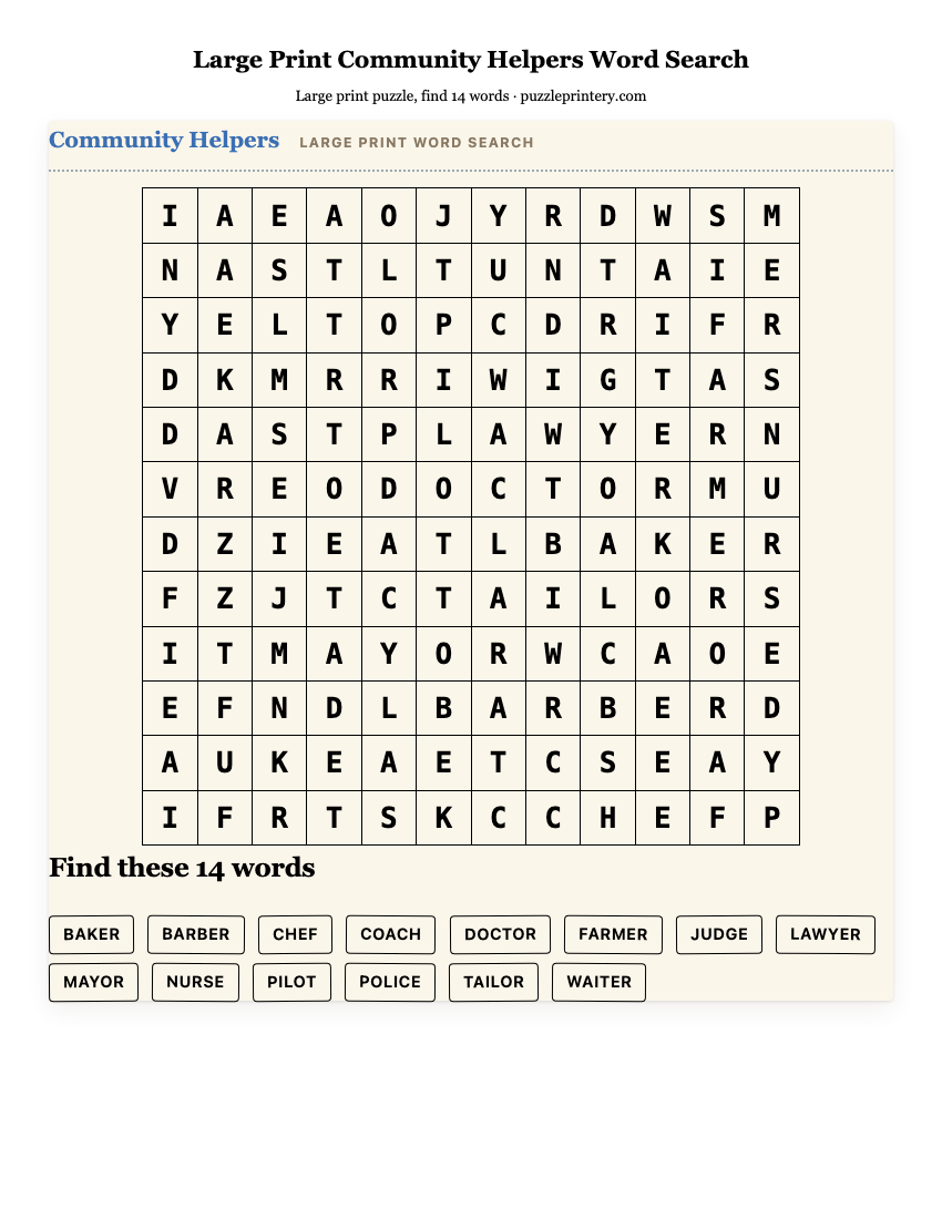 Large Print Community Helpers Word Search printable preview