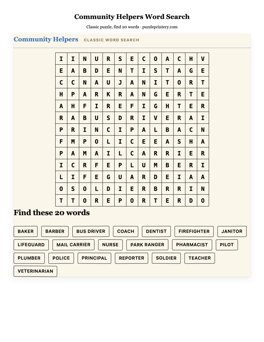 Community Helpers Word Search printable preview