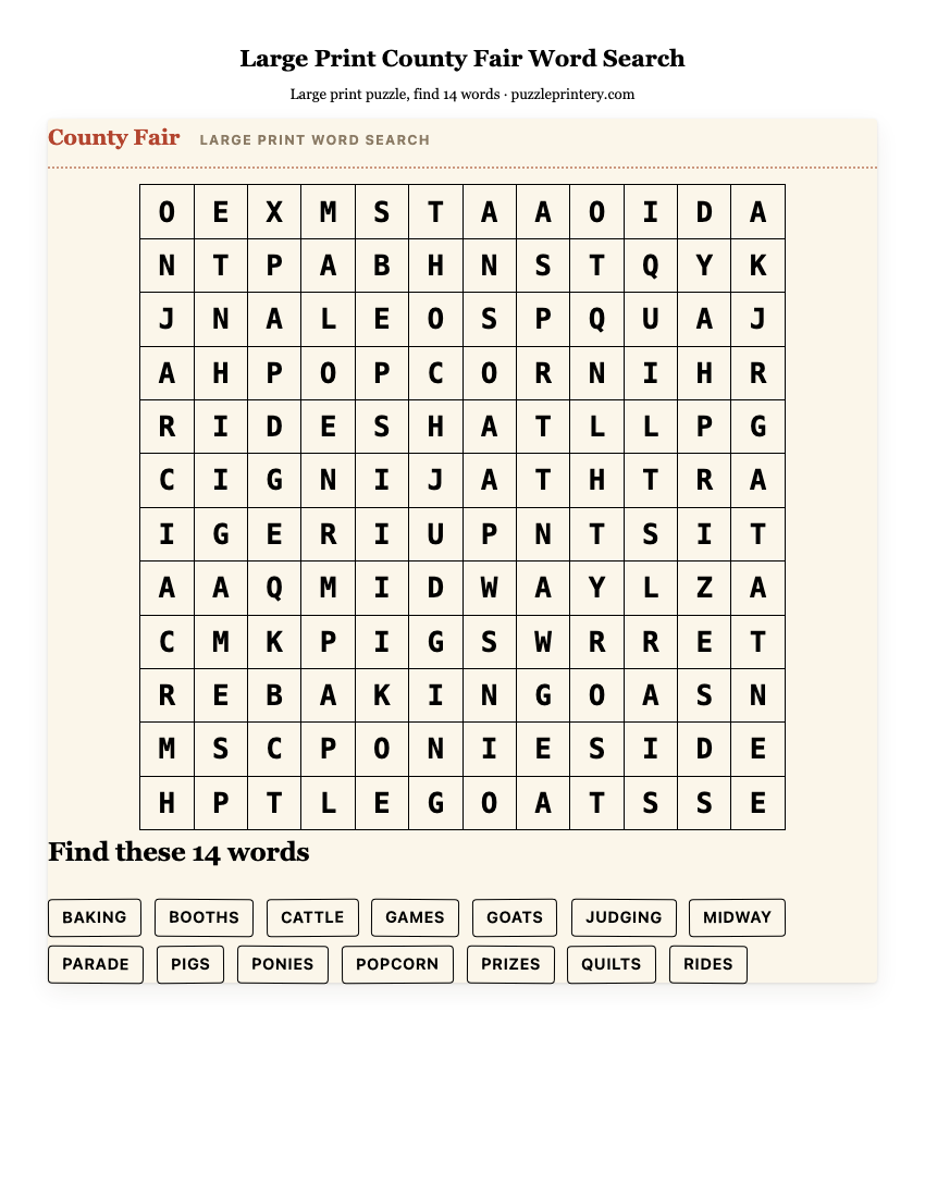 Large Print County Fair Word Search printable preview