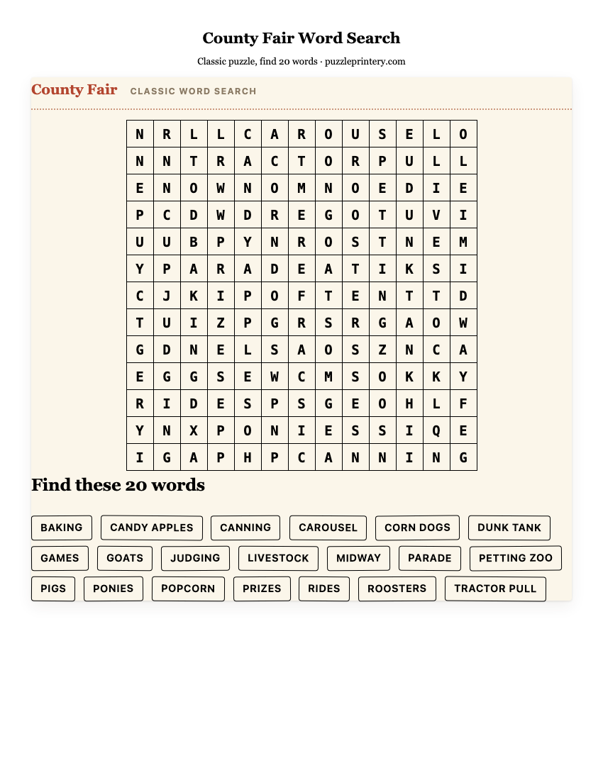 County Fair Word Search printable preview