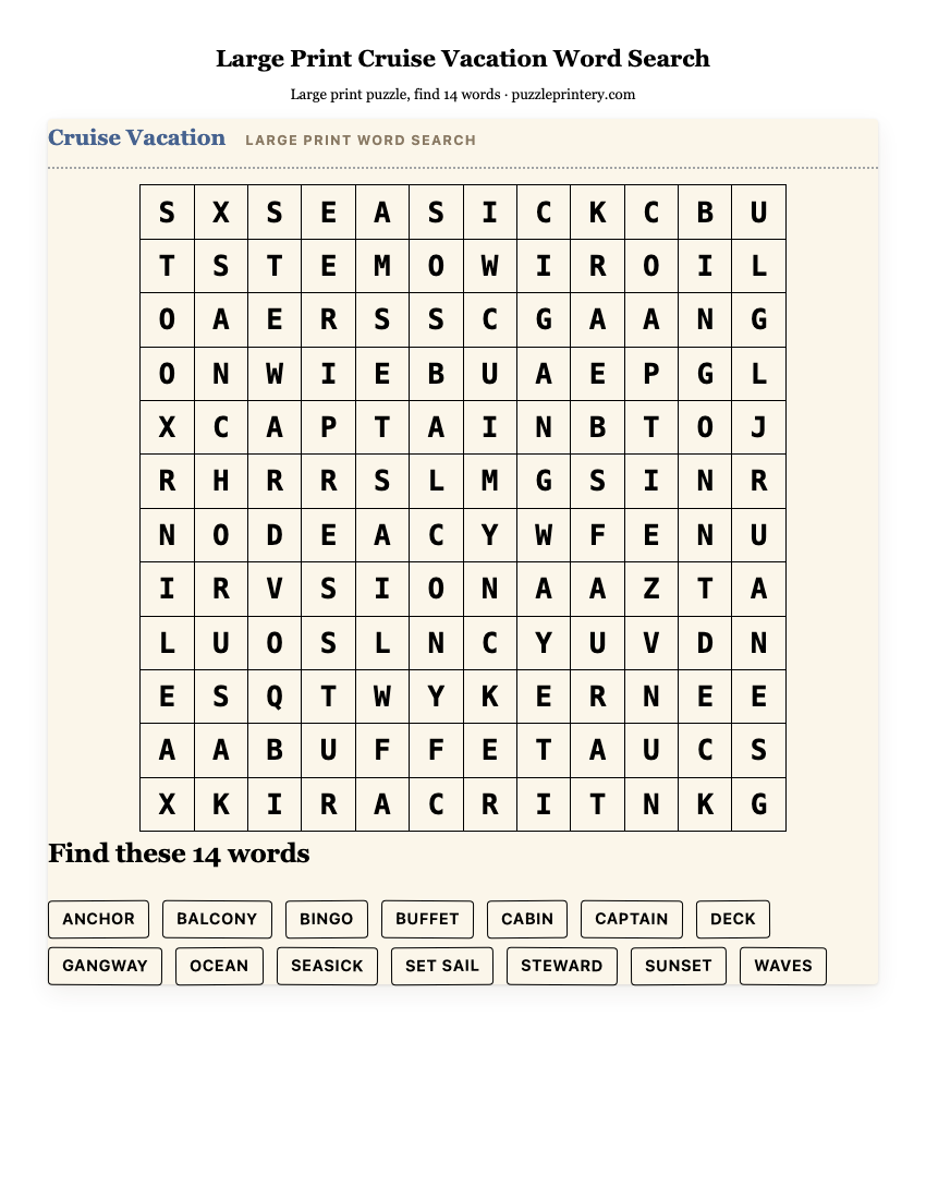 Large Print Cruise Vacation Word Search printable preview