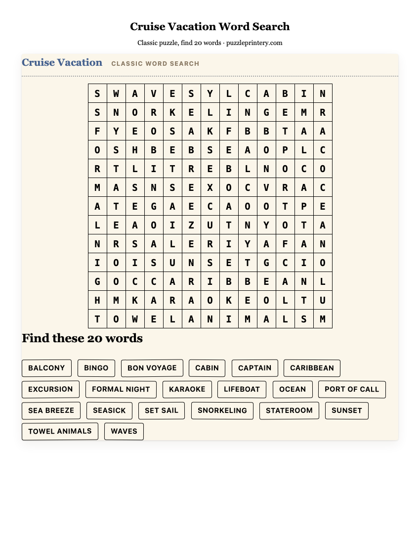 Cruise Vacation Word Search printable preview