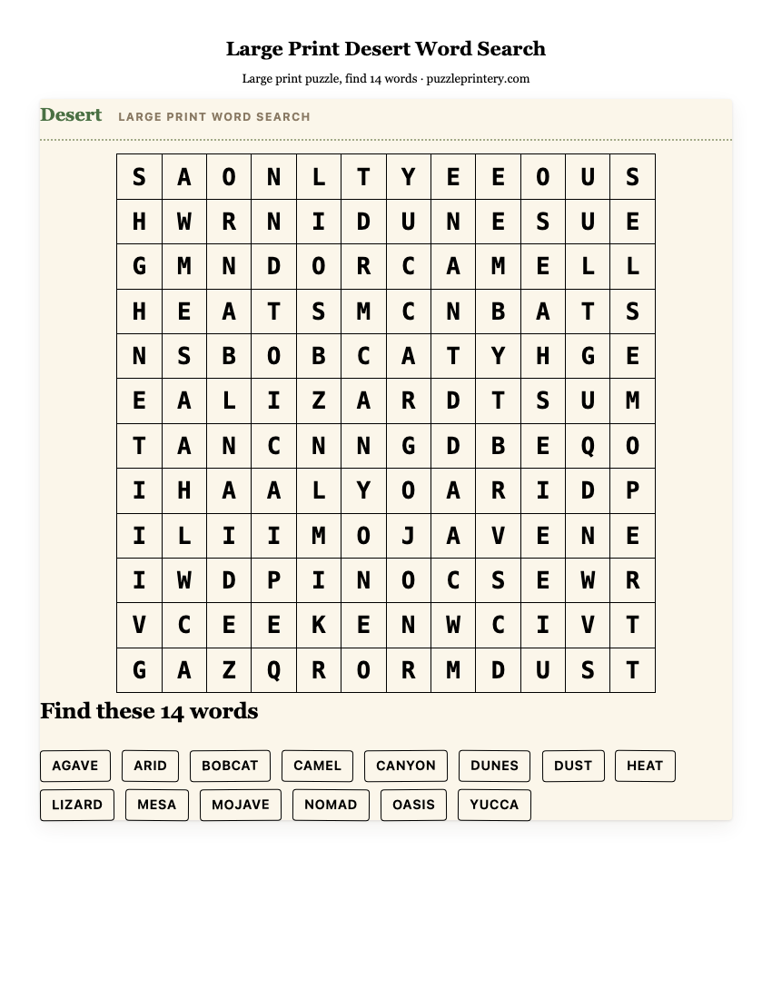 Large Print Desert Word Search printable preview