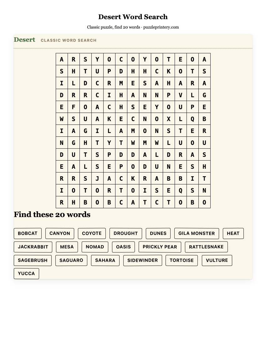 Desert Word Search printable preview