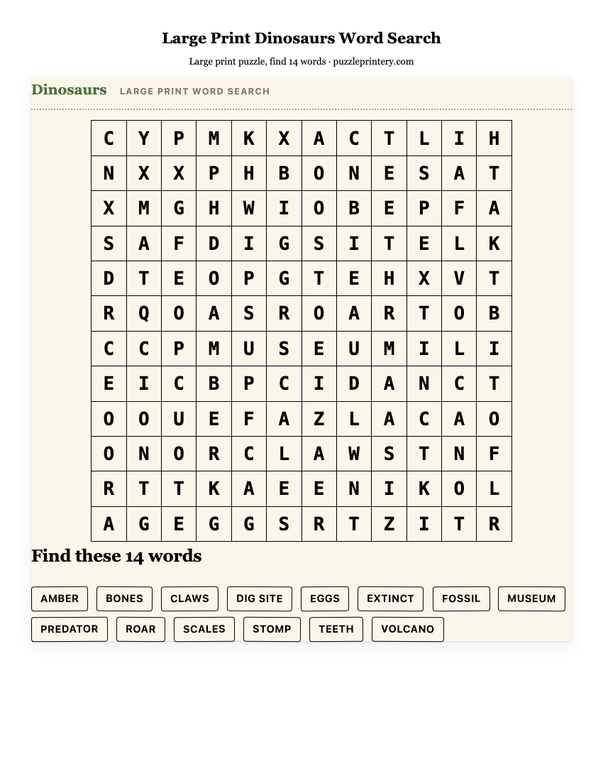 Large Print Dinosaurs Word Search printable preview
