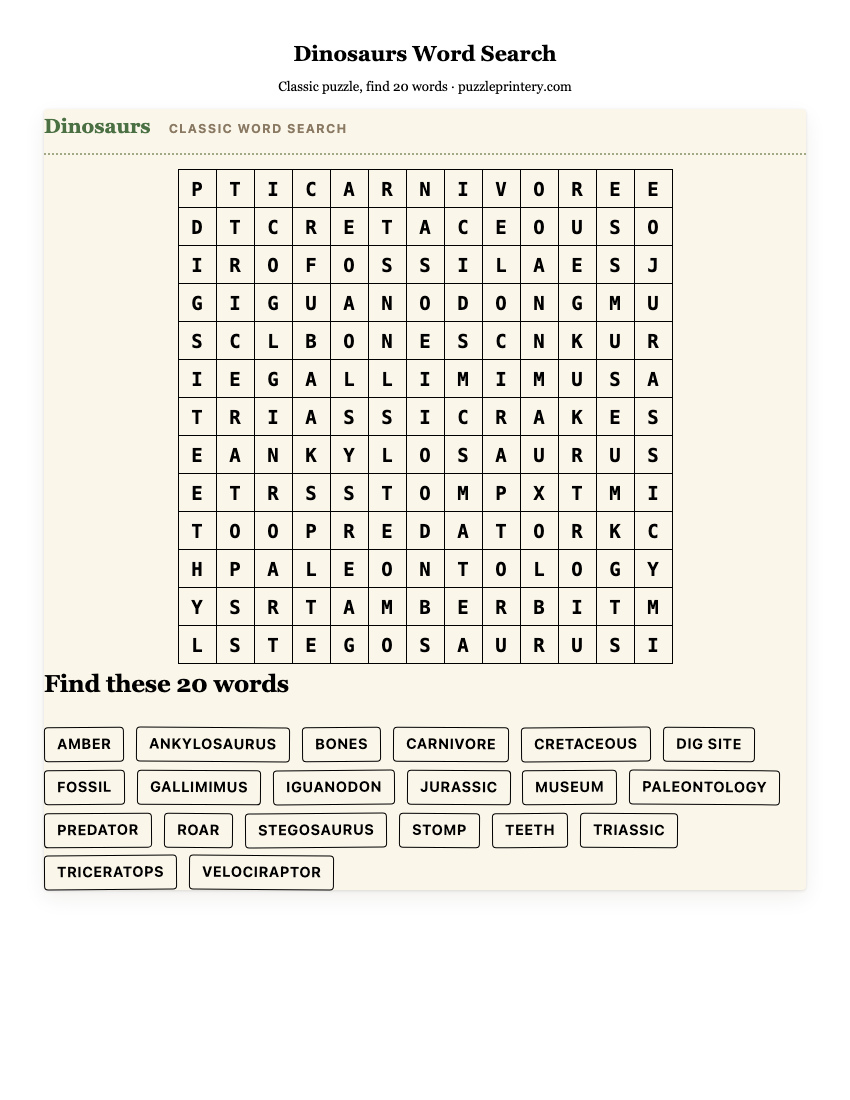Dinosaurs Word Search printable preview