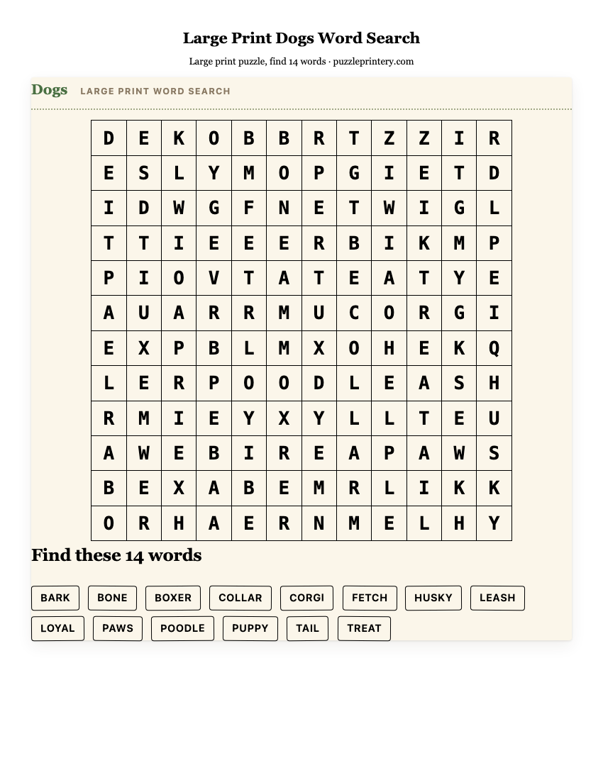 Large Print Dogs Word Search printable preview
