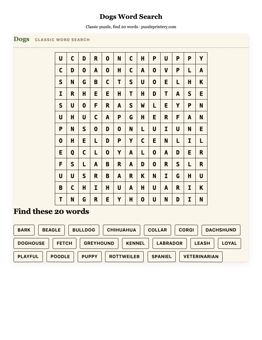 Dogs Word Search printable preview