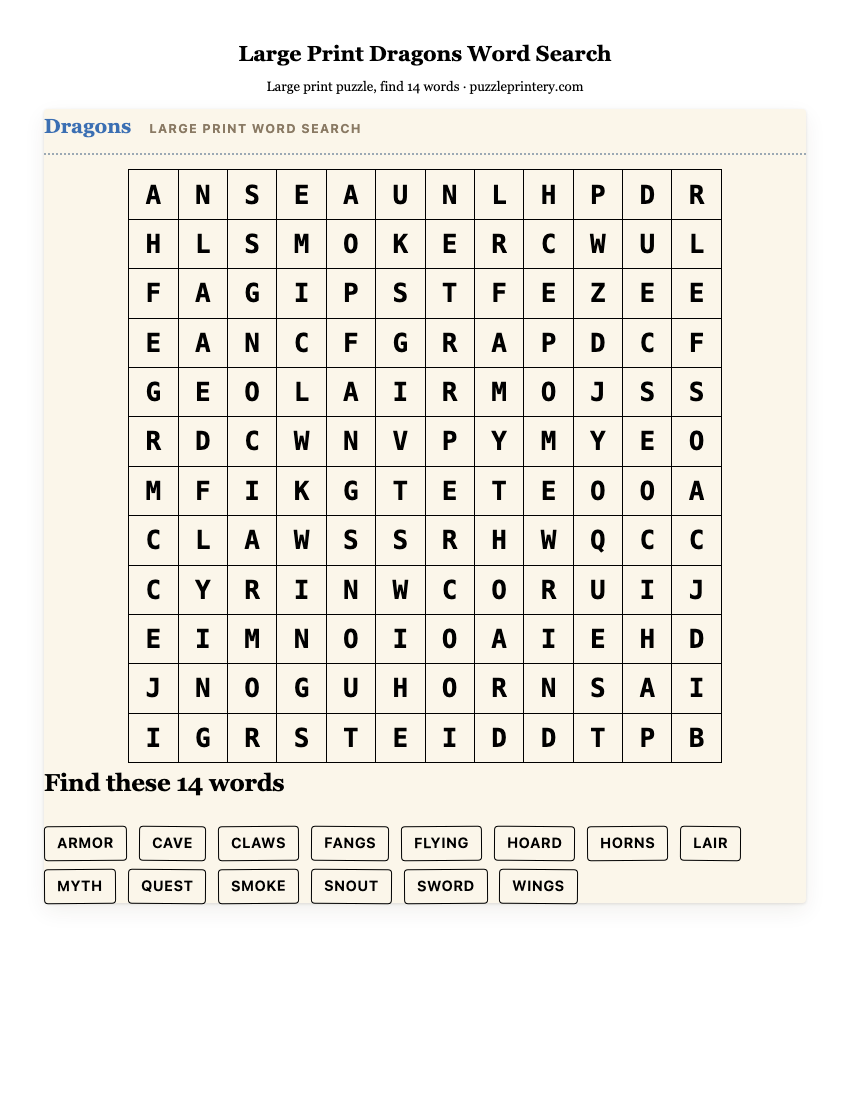 Large Print Dragons Word Search printable preview