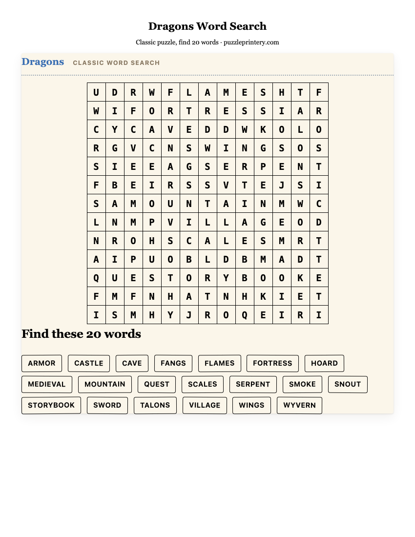 Dragons Word Search printable preview