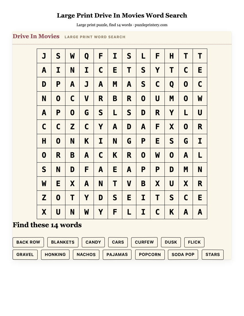 Large Print Drive In Movies Word Search printable preview