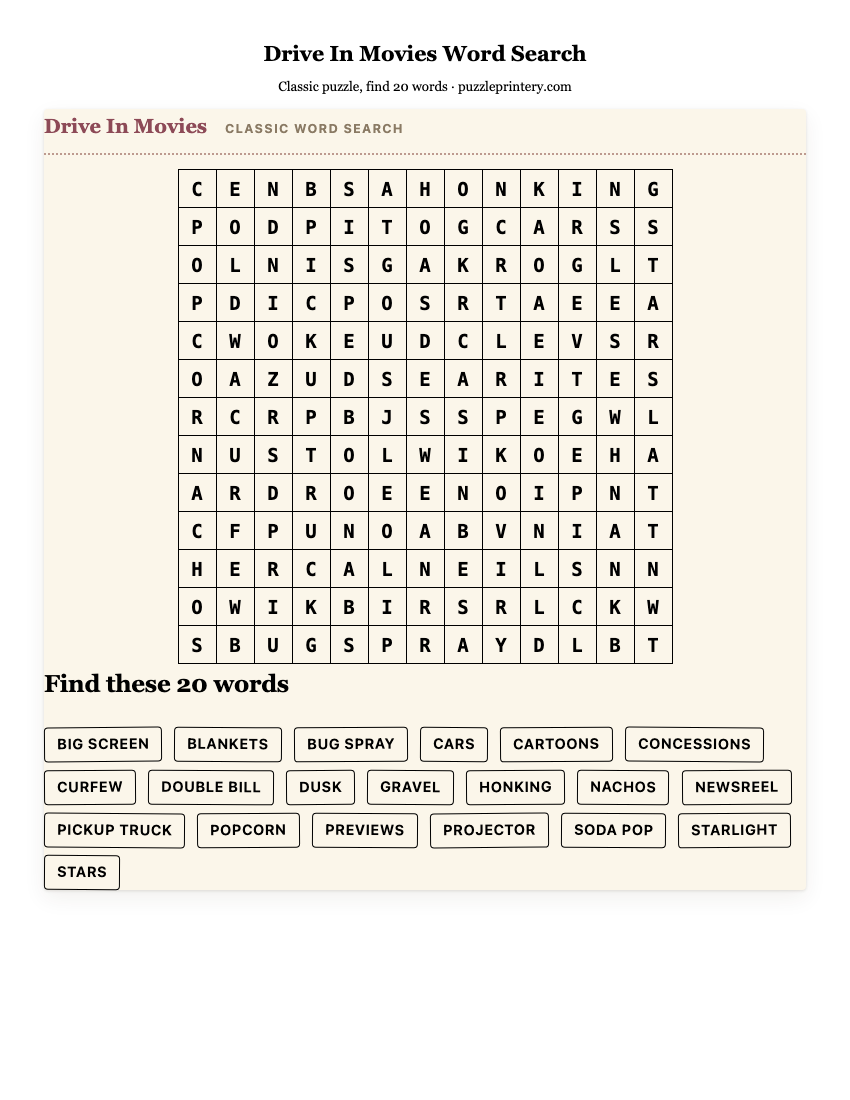 Drive In Movies Word Search printable preview
