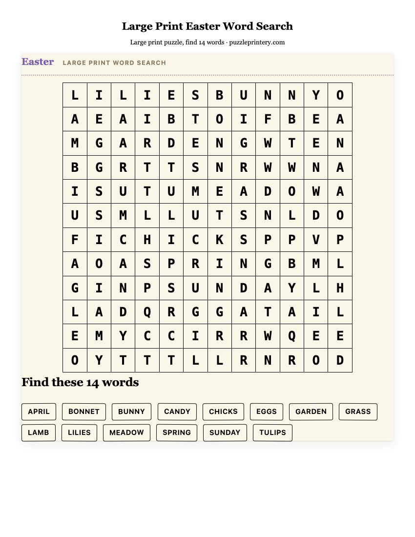 Large Print Easter Word Search printable preview