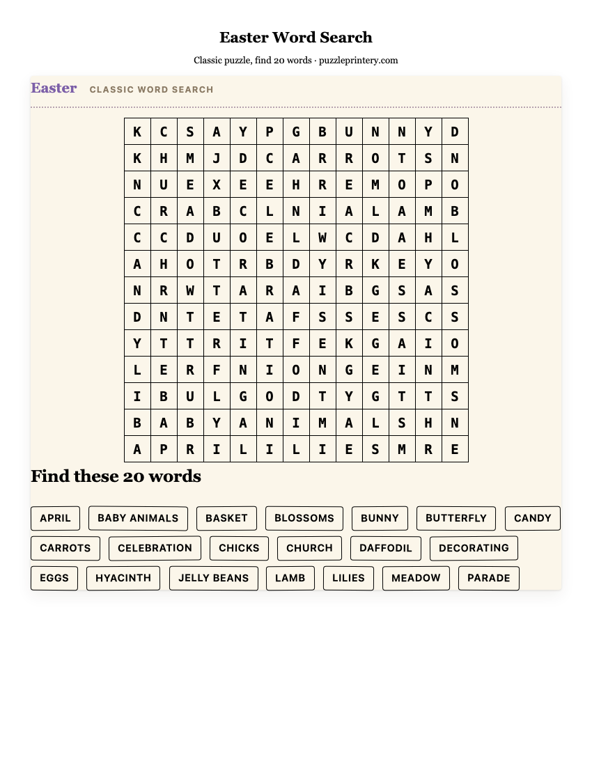 Easter Word Search printable preview
