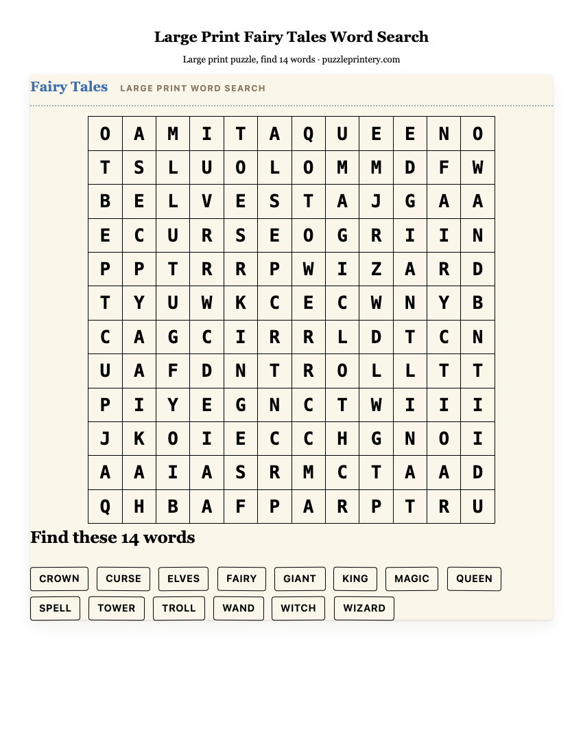 Large Print Fairy Tales Word Search printable preview