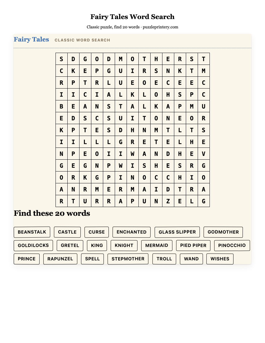 Fairy Tales Word Search printable preview
