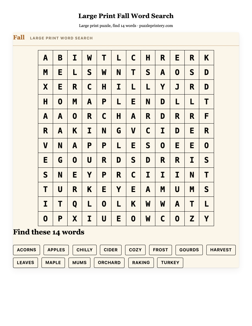 Large Print Fall Word Search printable preview