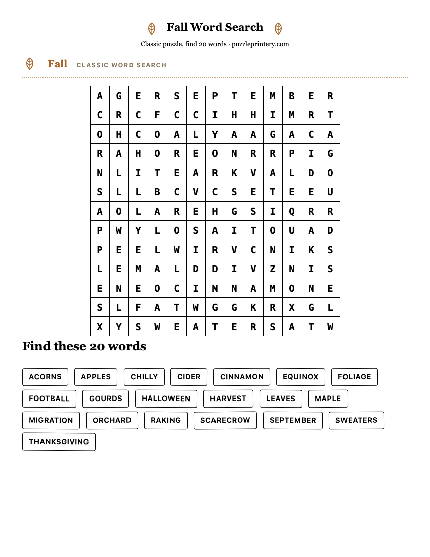 Fall Word Search printable preview